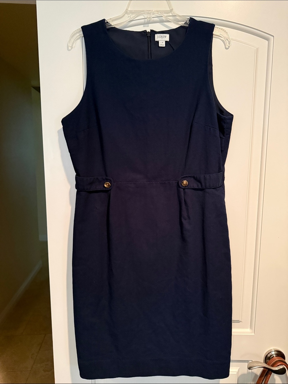 J. Crew Navy Sleeveless Sheath Dress with Button-Tab Waist Detail